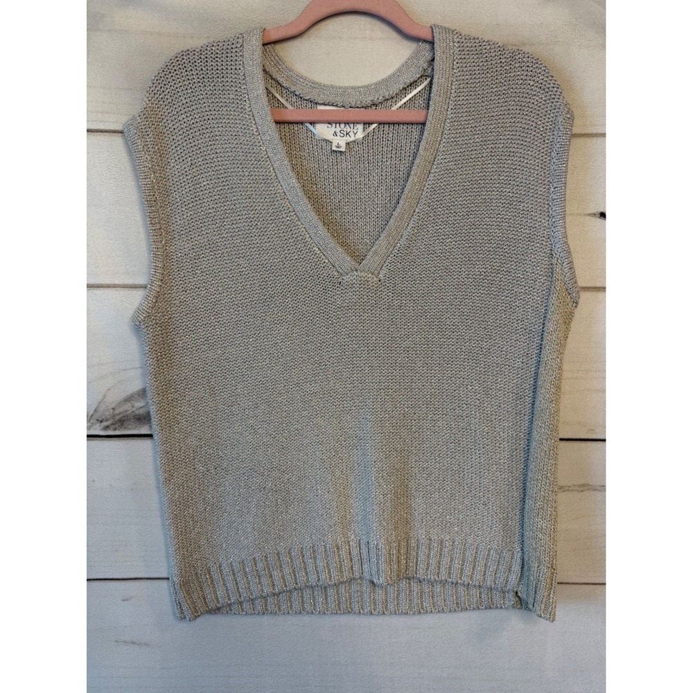 Stone & Sky Silver Metallic Knit V-Neck Sweater Vest Large Shimmer Sparkle